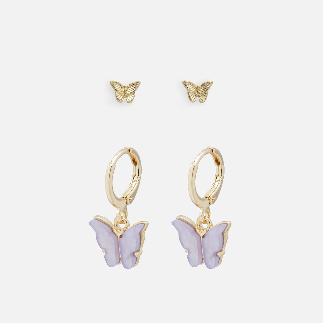 Duo of gold and lilac butterfly earrings