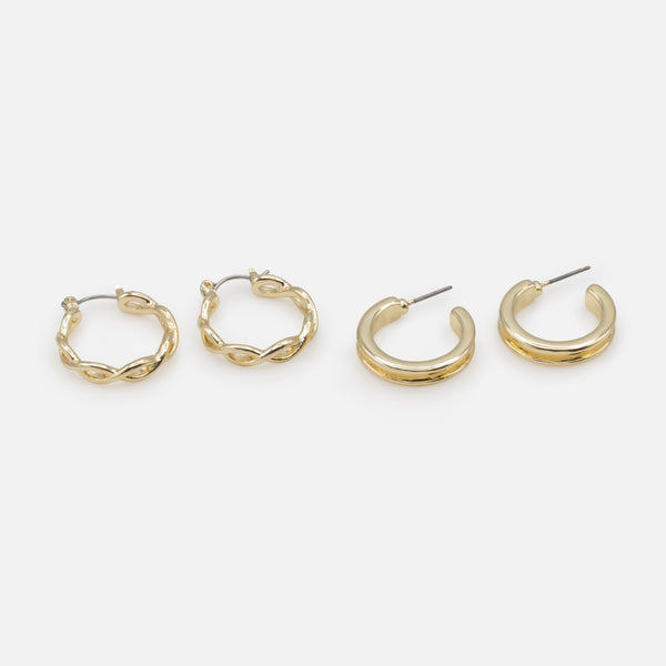 Load image into Gallery viewer, Duo of crisscrossed and recessed golden hoop earrings
