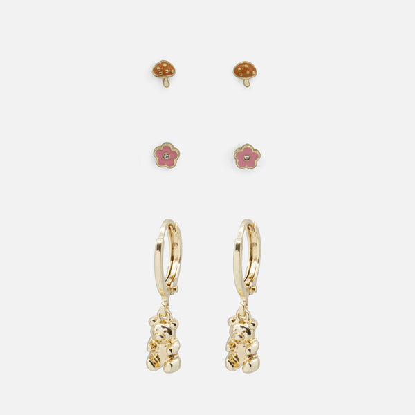 Load image into Gallery viewer, Trio of golden mushroom, flower and teddy bear earrings
