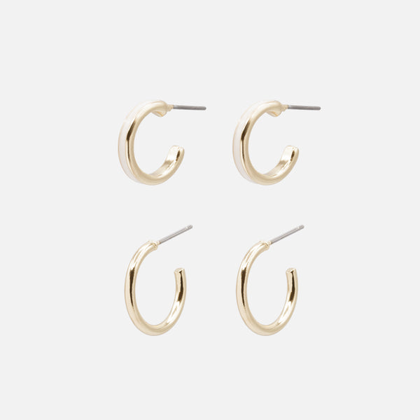 Load image into Gallery viewer, Duo of simple gold hoop earrings with white band
