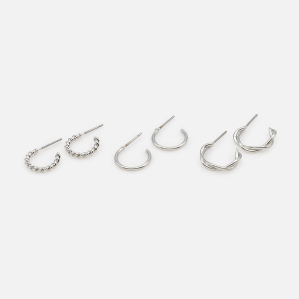 Load image into Gallery viewer, Trio of simple and twisted silver hoop earrings
