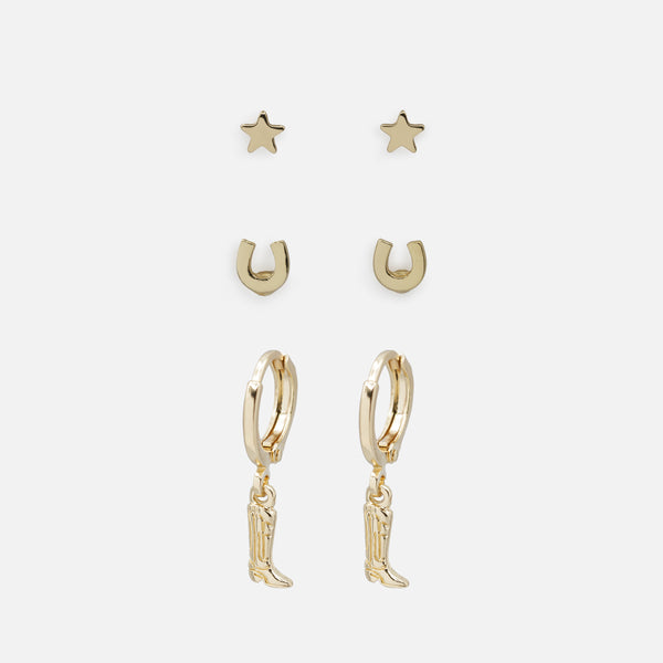 Load image into Gallery viewer, Trio of golden cowgirl earrings
