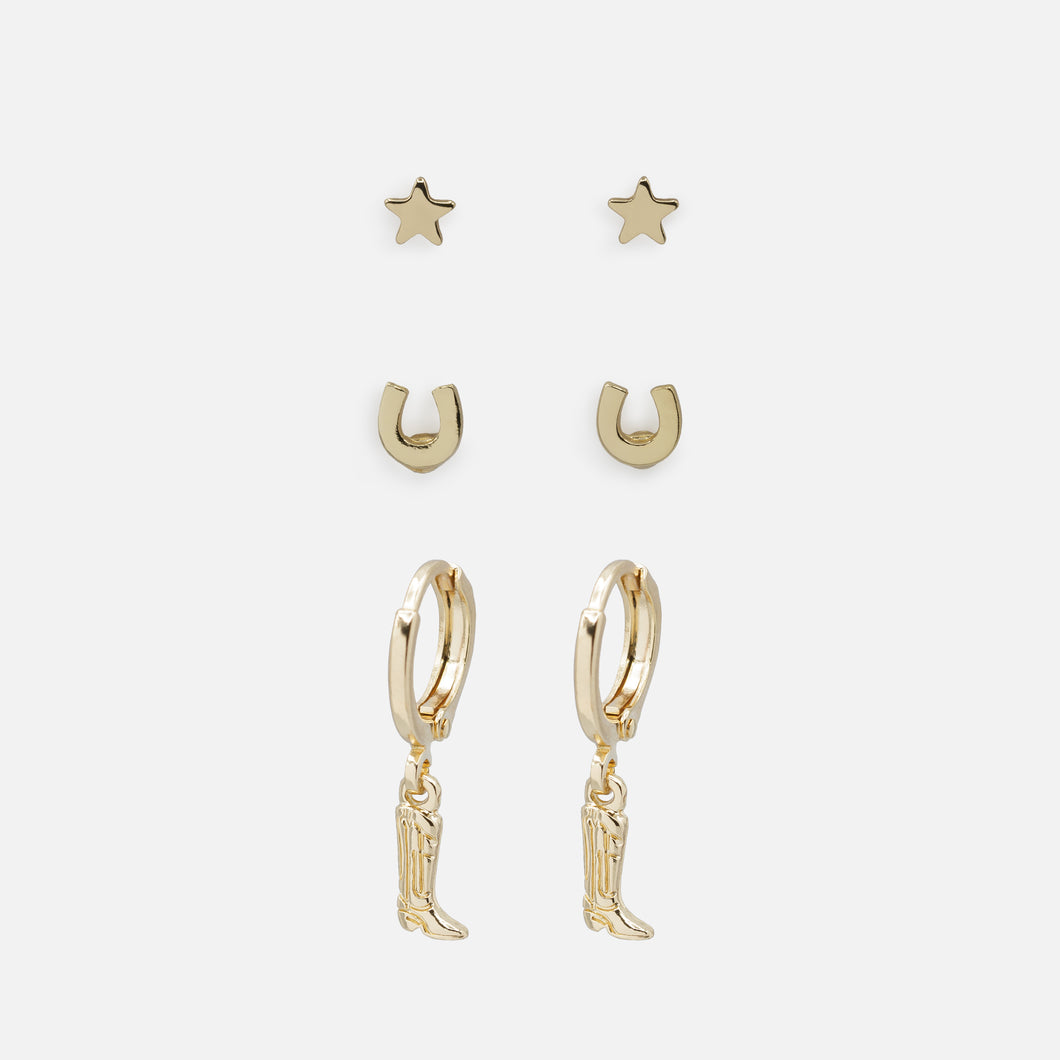 Trio of golden cowgirl earrings