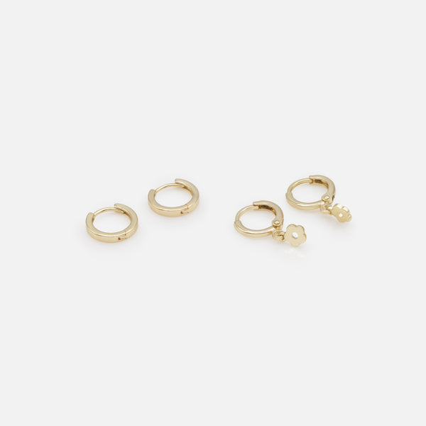 Load image into Gallery viewer, Duo of simple gold hoop earrings and flower charm

