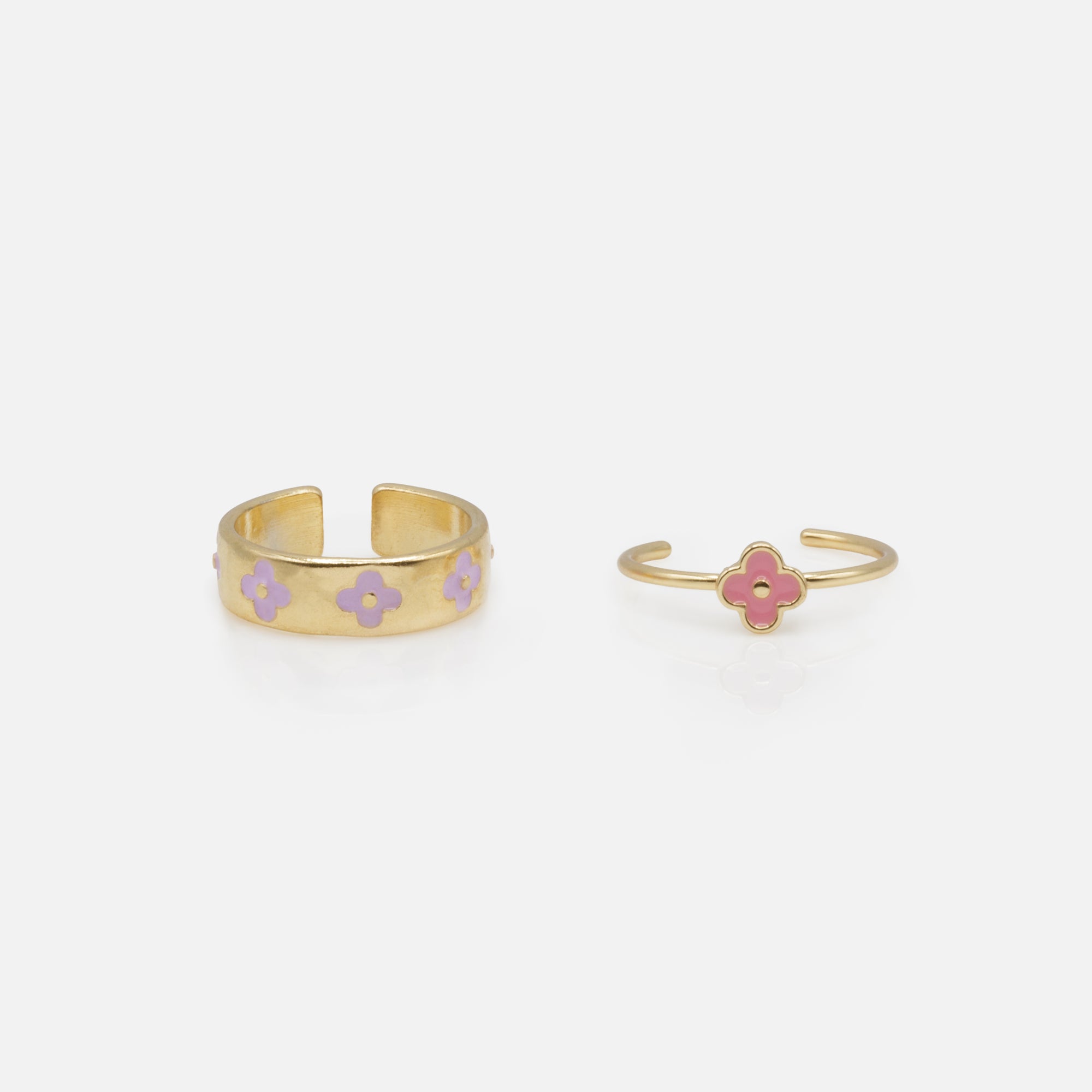 Set of two golden open rings with lilac and pink flowers