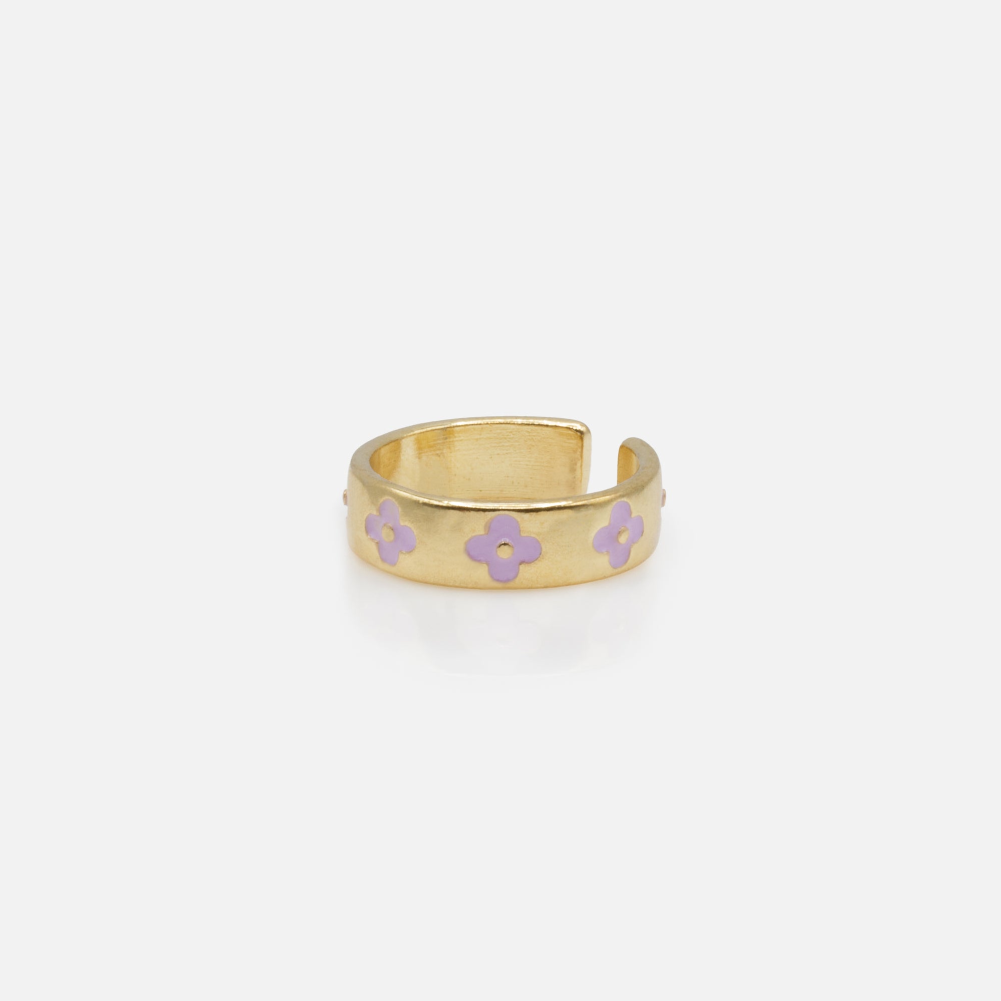 Set of two golden open rings with lilac and pink flowers