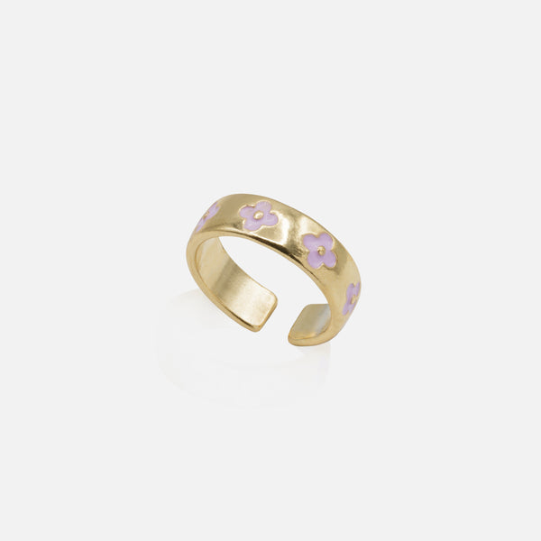 Load image into Gallery viewer, Set of two golden open rings with lilac and pink flowers

