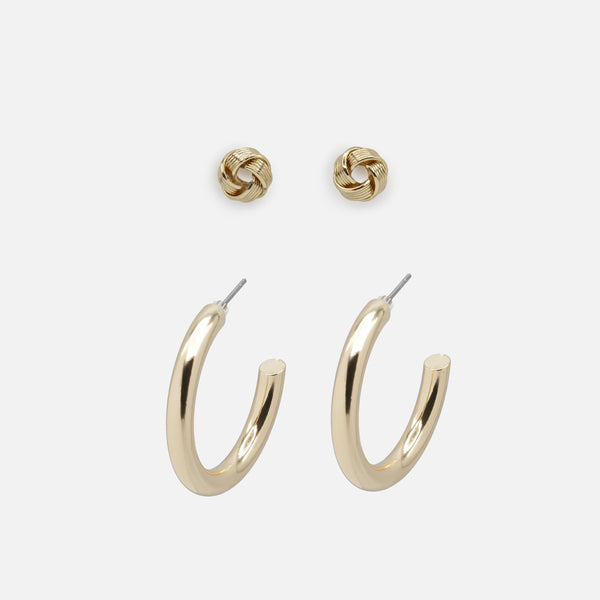 Charger l&#39;image dans la galerie, Duo de boucles d&#39;oreilles dorées noeuds et anneaux épais
