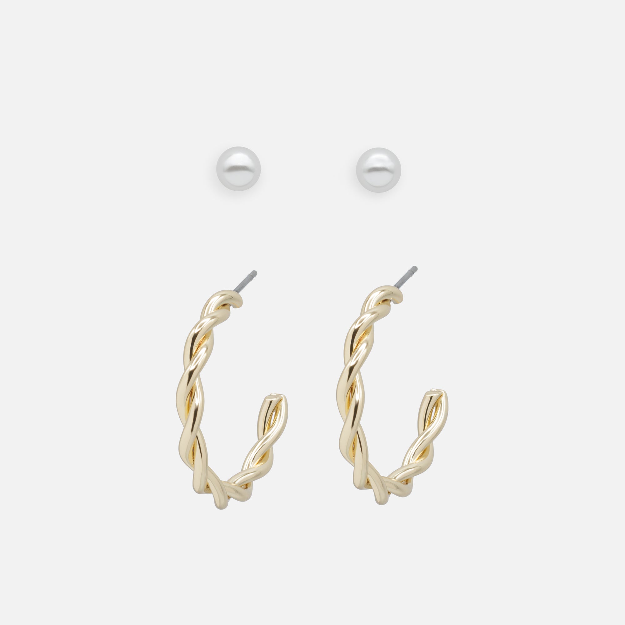 Duo de boucles d'oreilles perles et anneaux dorés torsadés