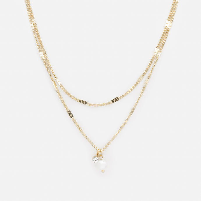 Double chain gold necklace with pearl and cubic zirconia charms