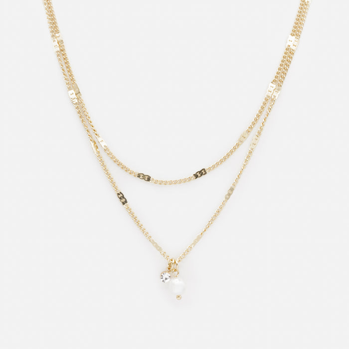 Collier doré double chaîne avec breloques perle et zircon cubique