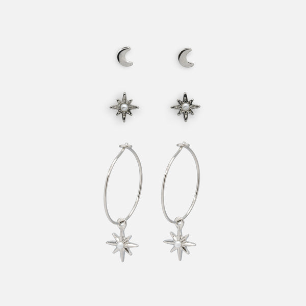 Load image into Gallery viewer, Trio of silver stars and moon earrings with pearls
