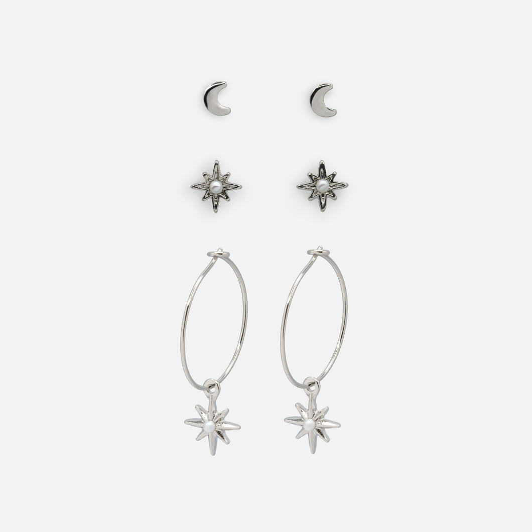 Trio de boucles d'oreilles argentées étoiles et lunes avec perles