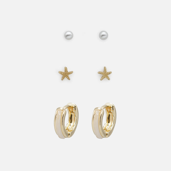 Load image into Gallery viewer, Trio of starfish pearl earrings and gold rings with pearly band
