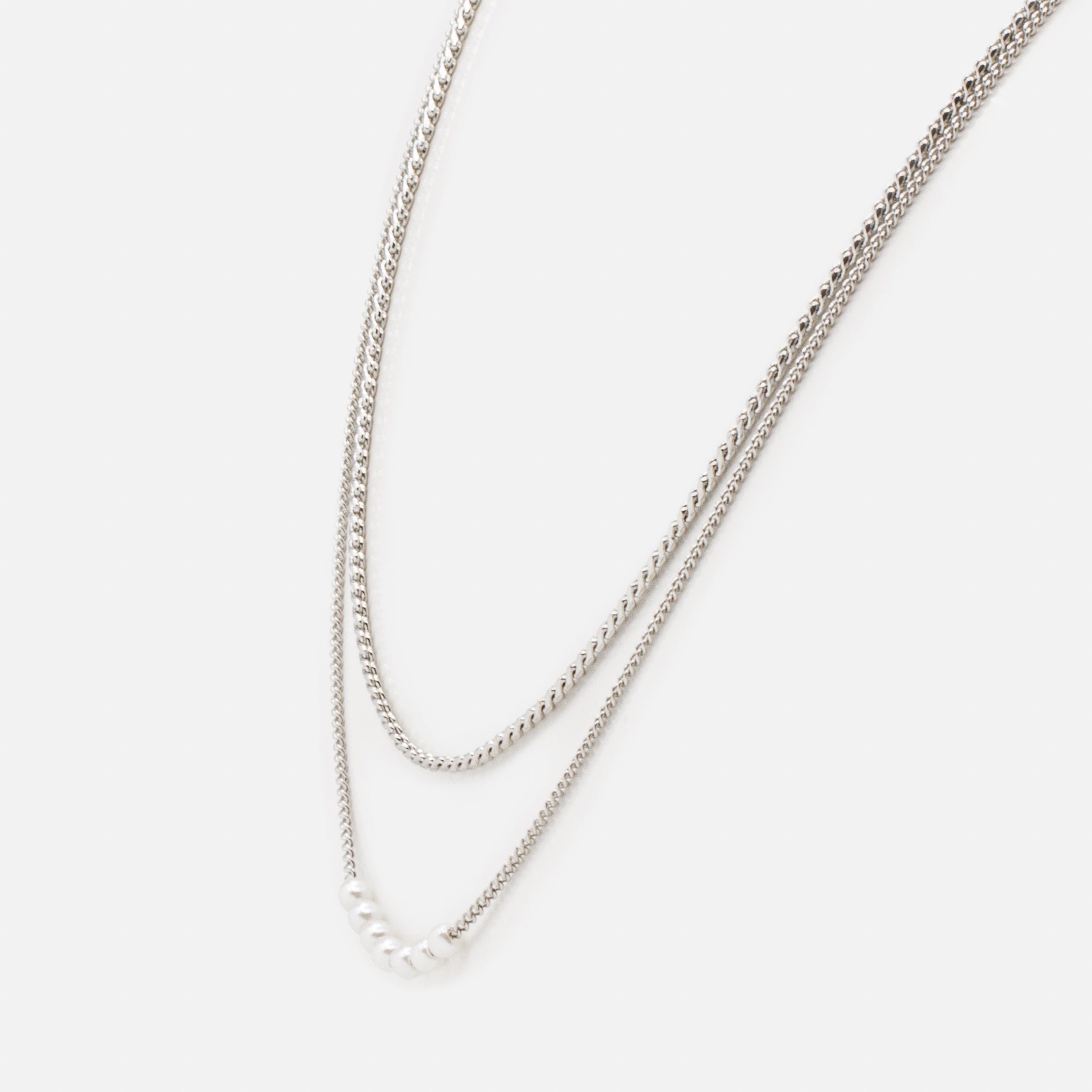 Set of two silver necklaces with "s" links and round synthetic pearls
