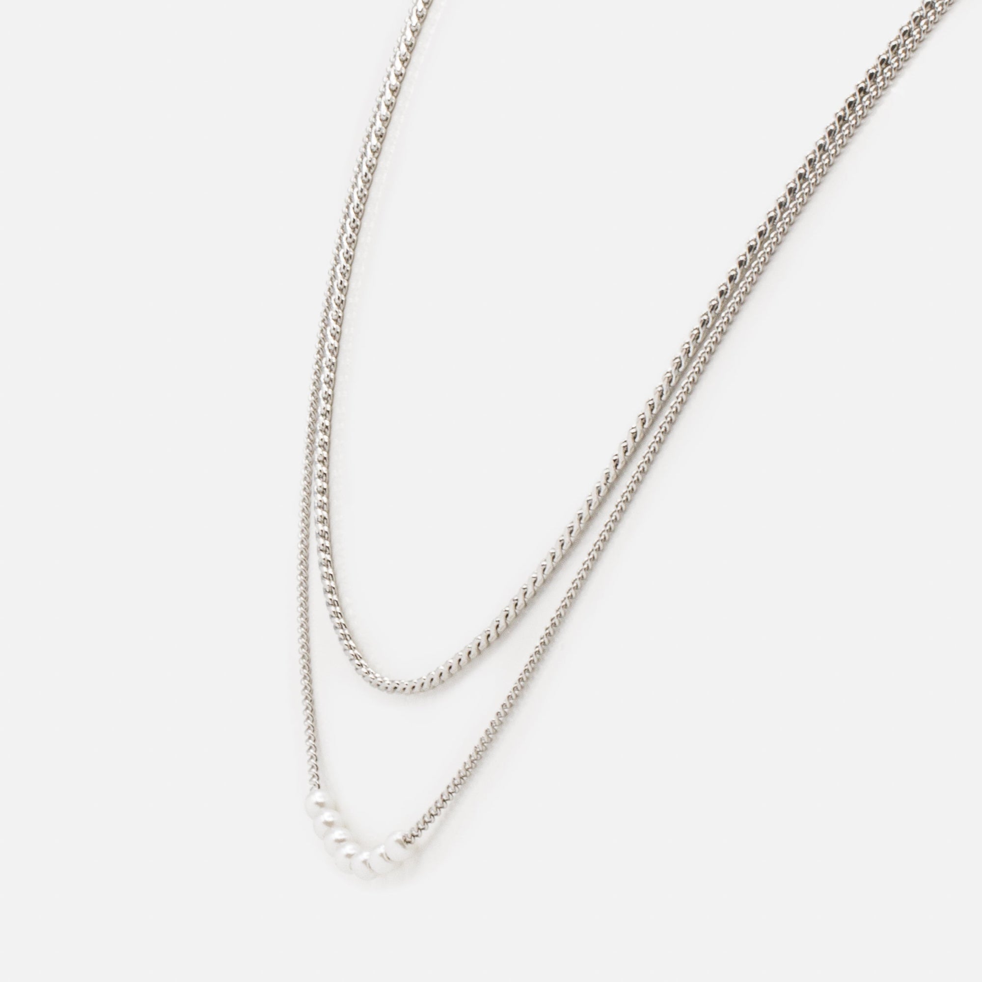 Set of two silver necklaces with "s" links and round synthetic pearls