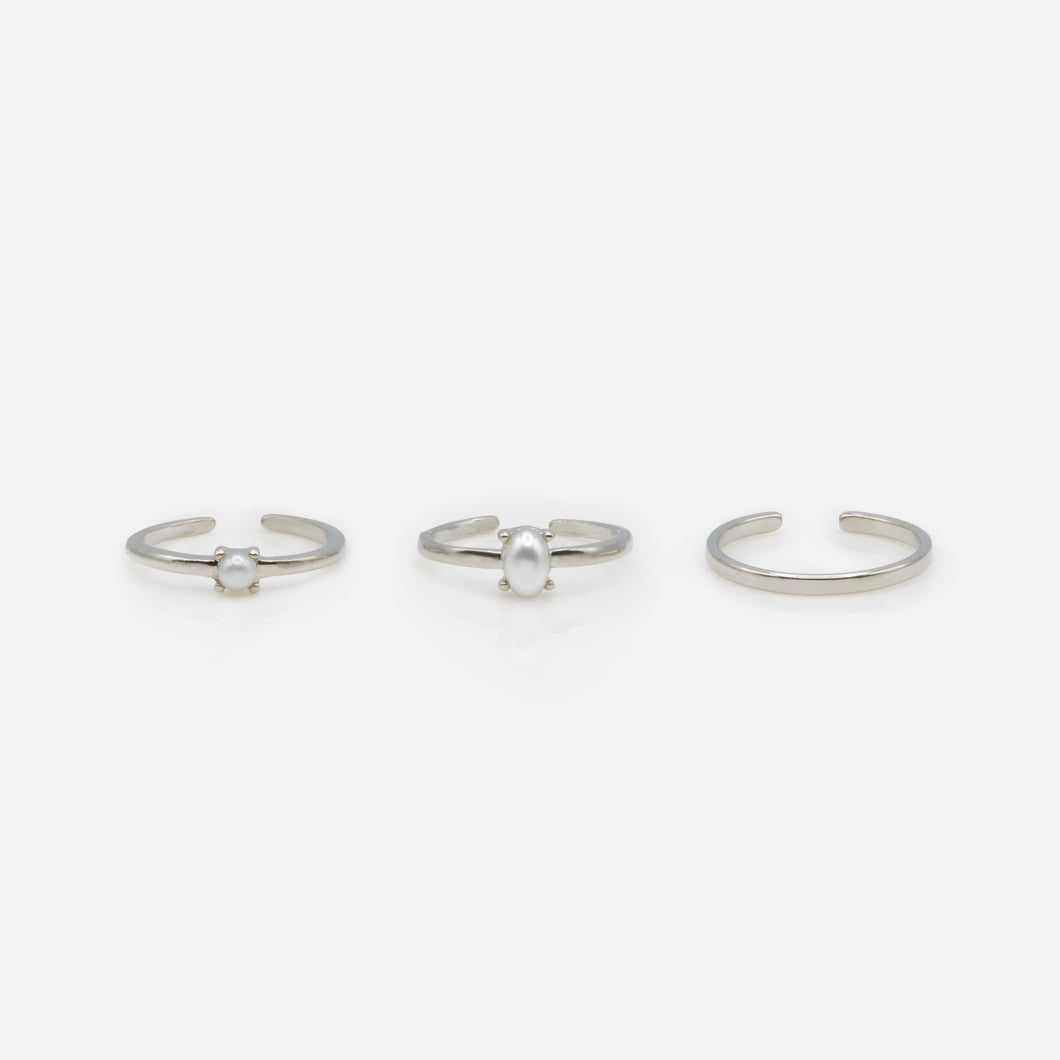 Set of three silver open rings with round and oval beads