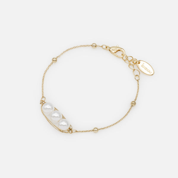 Load image into Gallery viewer, Set of two golden bracelets trio of pearls and metal wire
