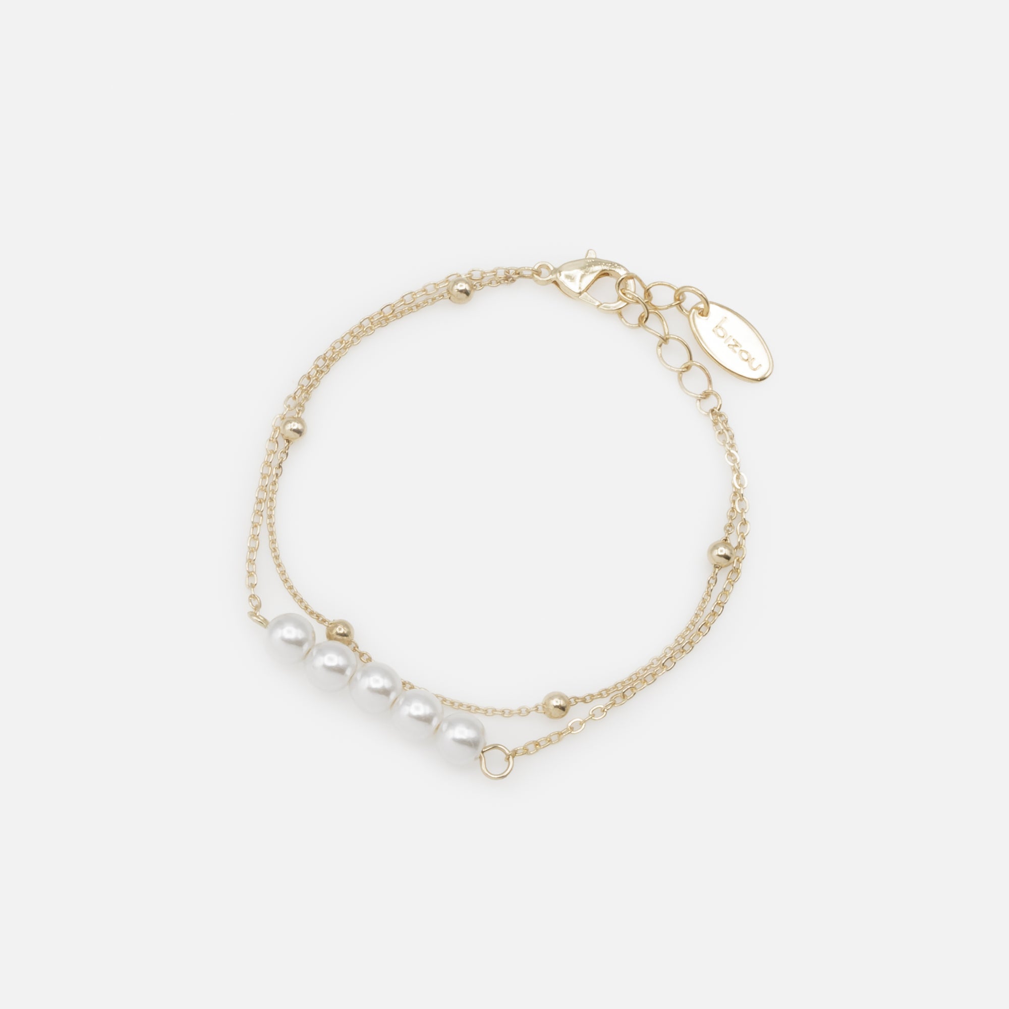 Golden bracelet with five pearls and double chain