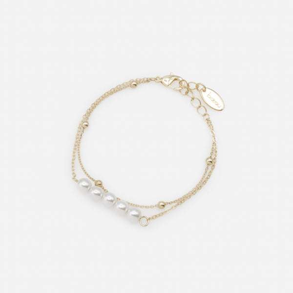 Load image into Gallery viewer, Golden bracelet with five pearls and double chain
