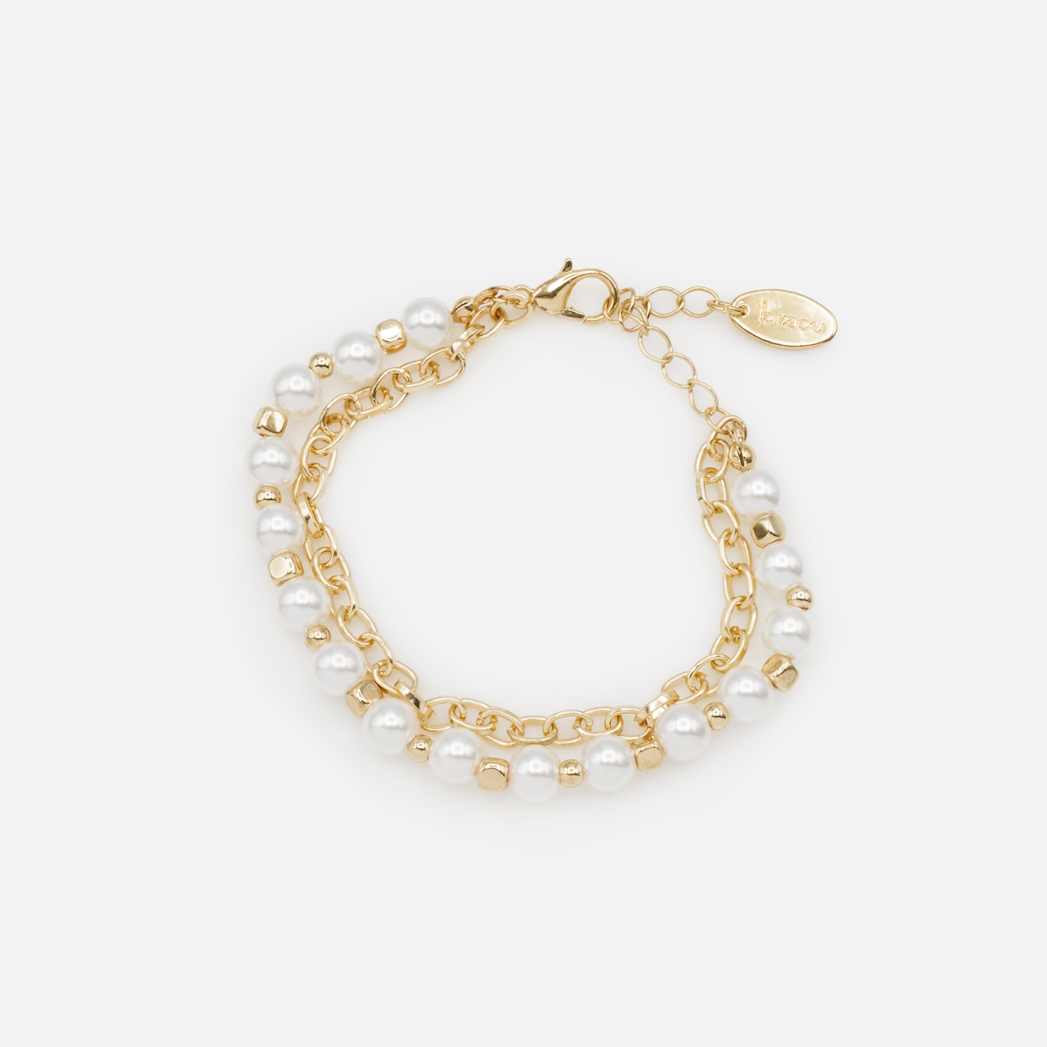 Gold double chain bracelet with synthetic pearls and cubic beads