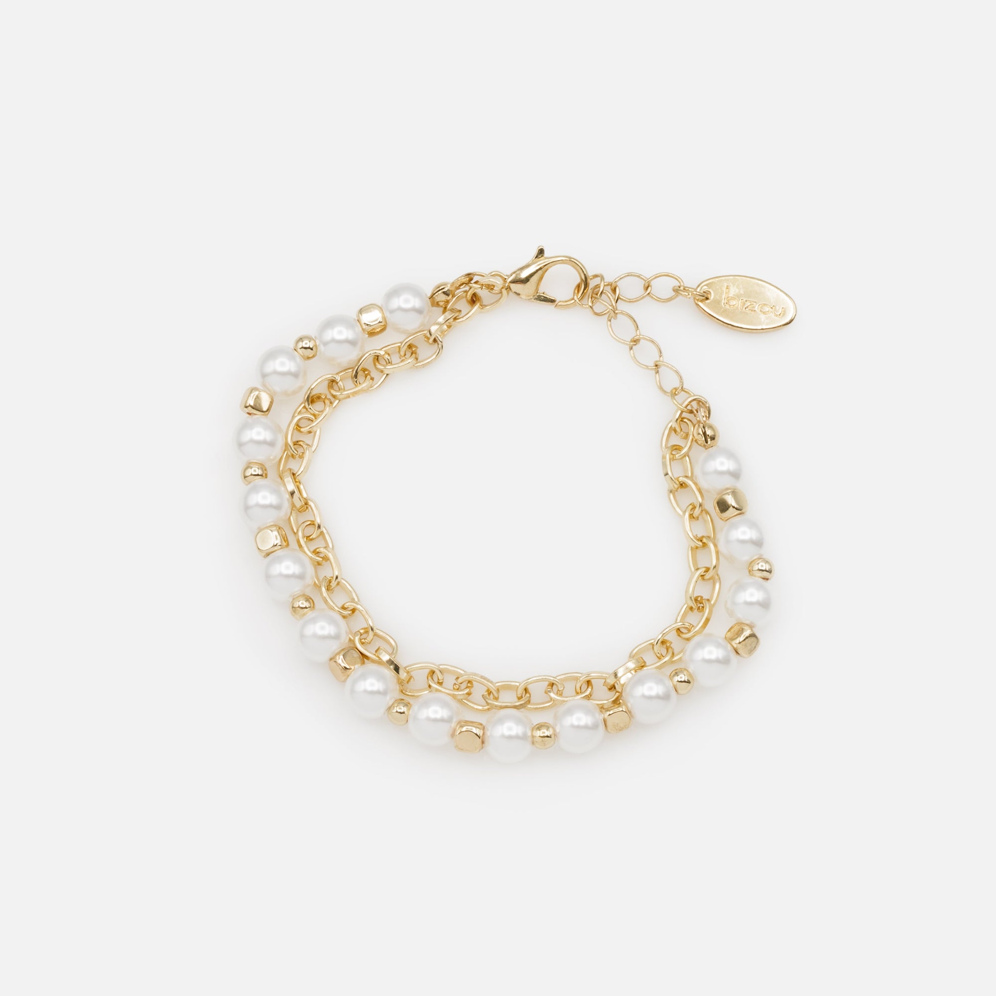 Bracelet doré double chaîne perles synthétiques et billes cubiques