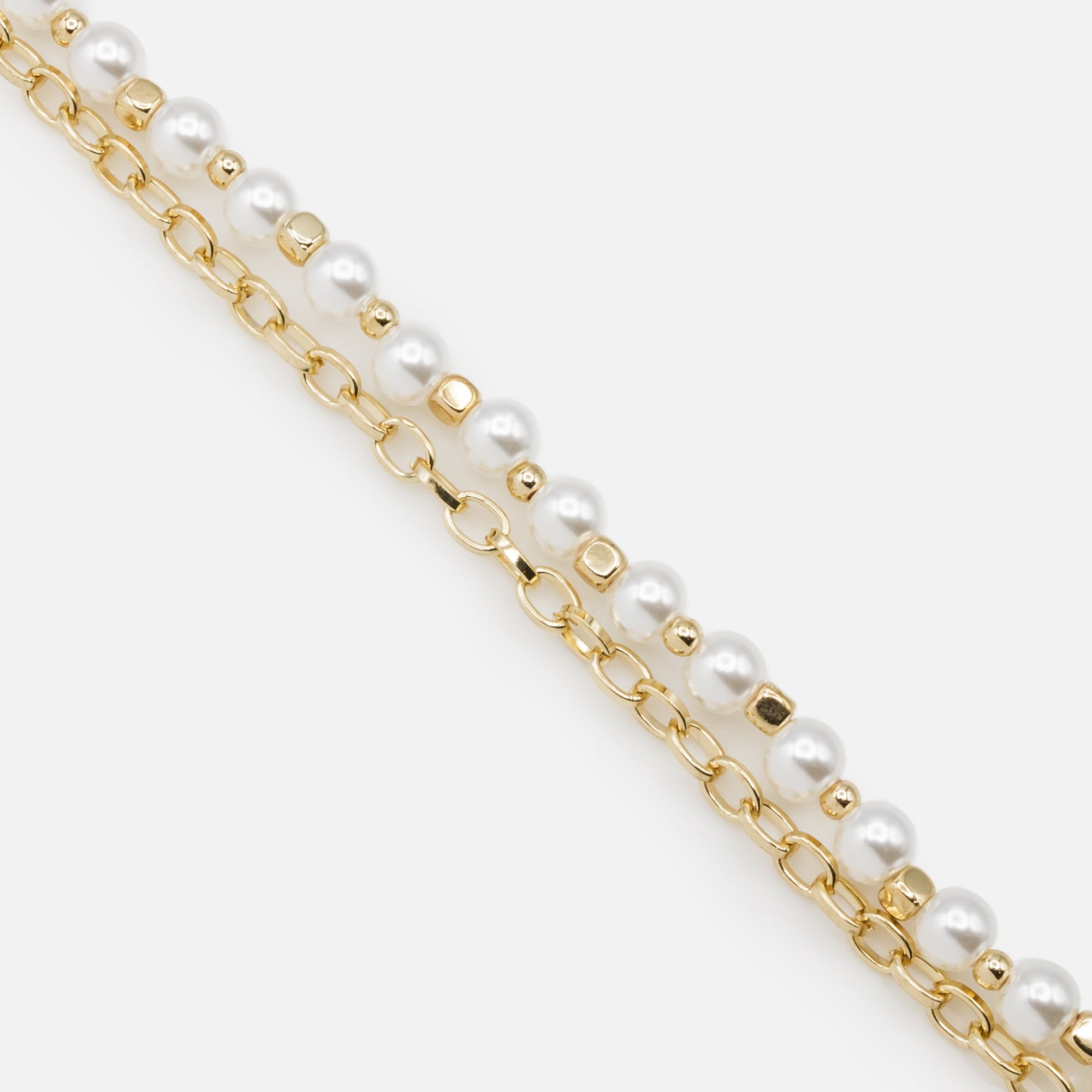 Bracelet doré double chaîne perles synthétiques et billes cubiques