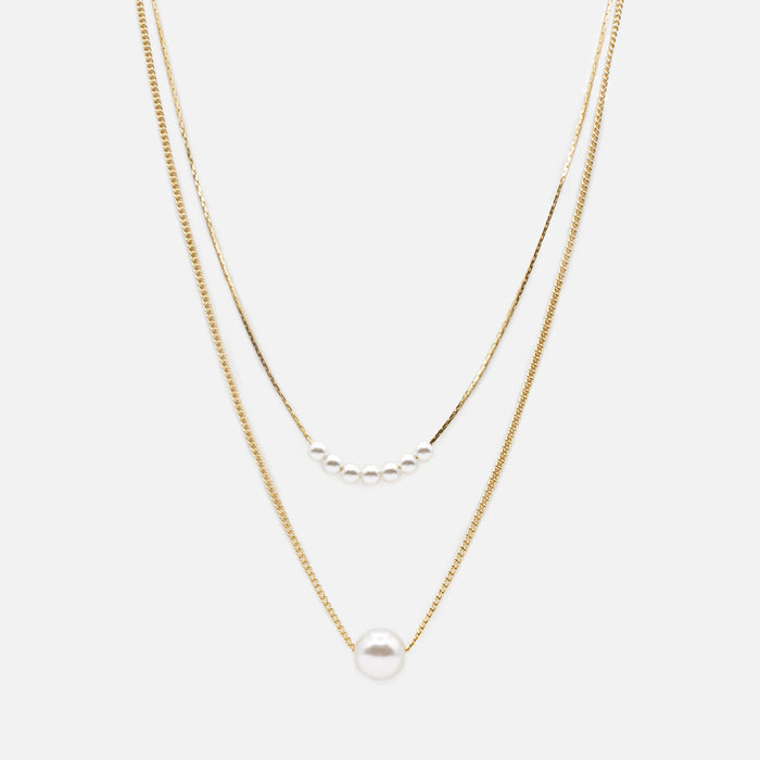 Gold double chain necklace with synthetic round pearls in two sizes