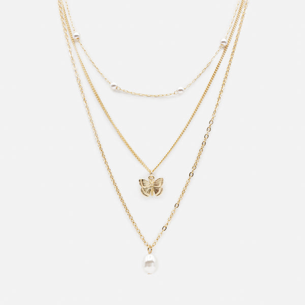 Load image into Gallery viewer, Gold triple chain necklace with pearls and butterfly pendant
