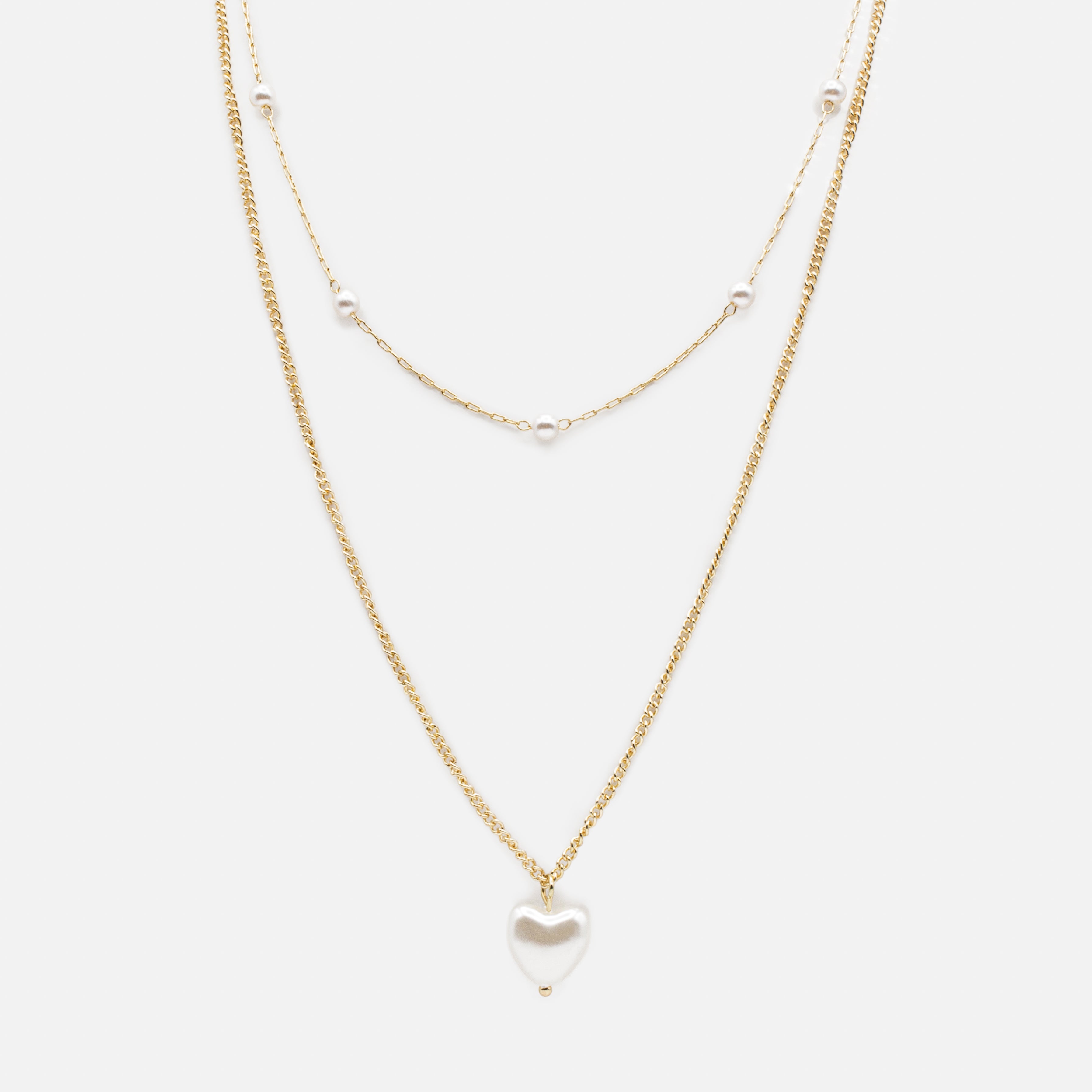Collier doré double chaîne pendentif perle en coeur