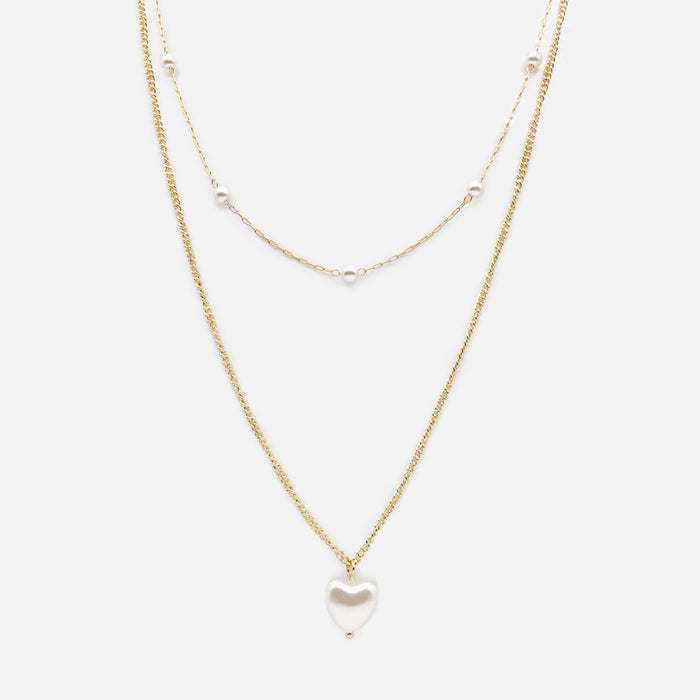 Collier doré double chaîne pendentif perle en coeur
