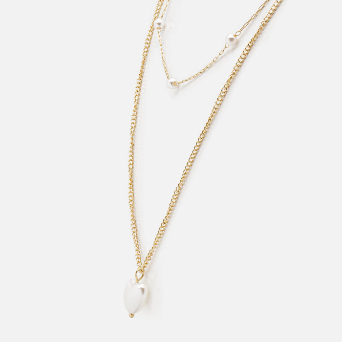 Collier doré double chaîne pendentif perle en coeur