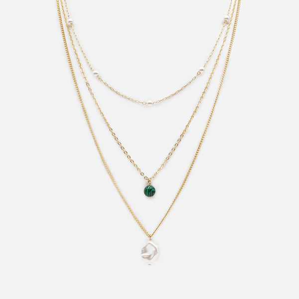 Load image into Gallery viewer, Gold triple chain necklace with flat pearl and zebra green bead pendants
