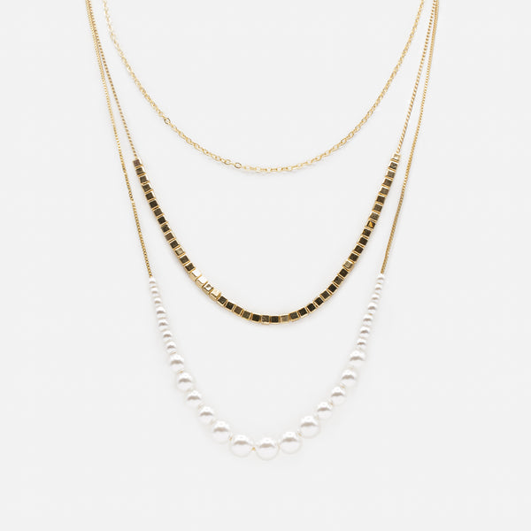 Load image into Gallery viewer, Golden triple chain necklace with cubed beads and pearl progression
