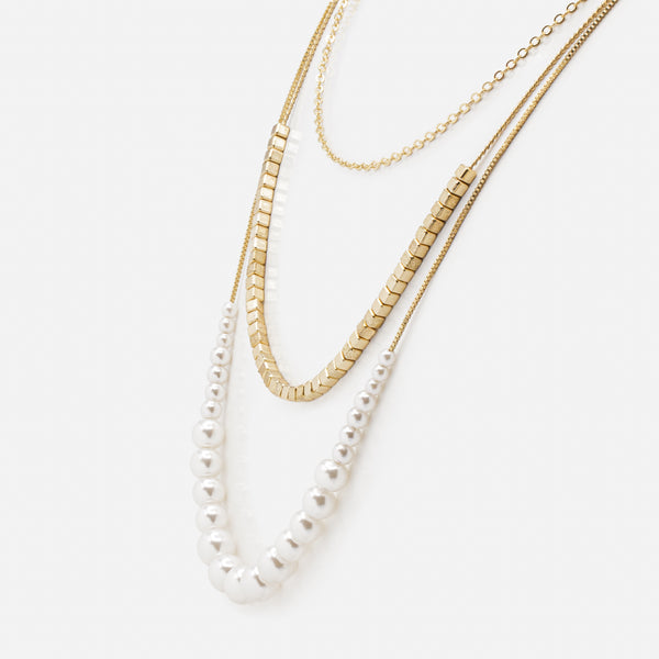 Load image into Gallery viewer, Golden triple chain necklace with cubed beads and pearl progression
