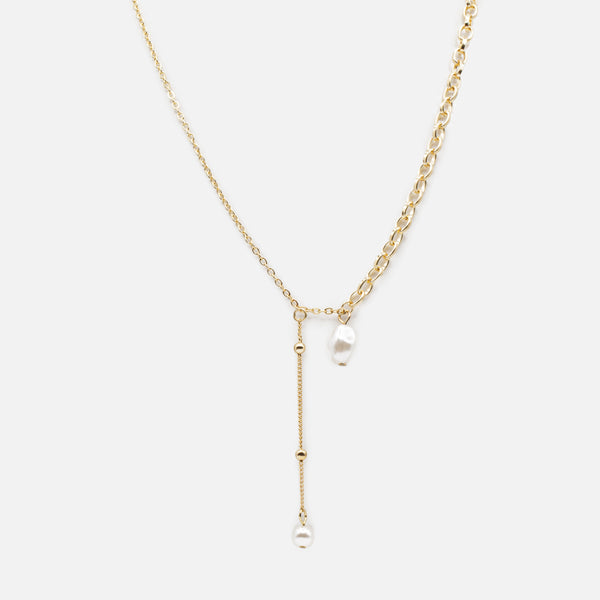Load image into Gallery viewer, Gold necklace with cable links in two ways and asymmetrical pearl pendants

