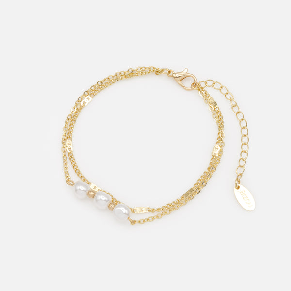 Load image into Gallery viewer, Golden double chain bracelet with pearls and flat inserts
