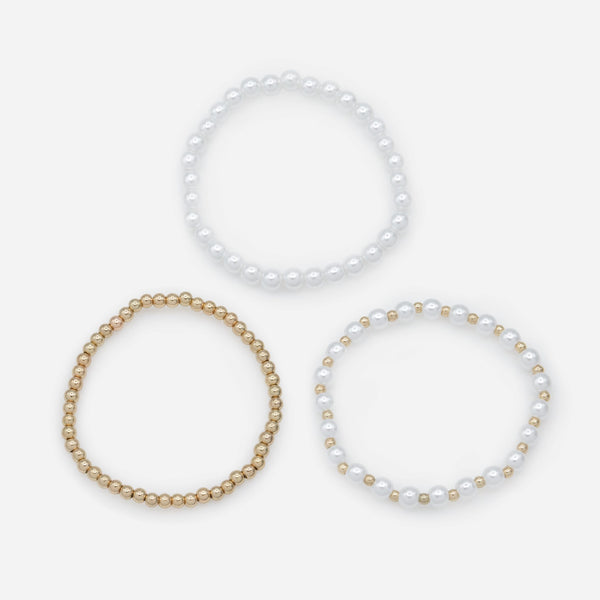 Load image into Gallery viewer, Trio of stretchy pearl and gold bead bracelets
