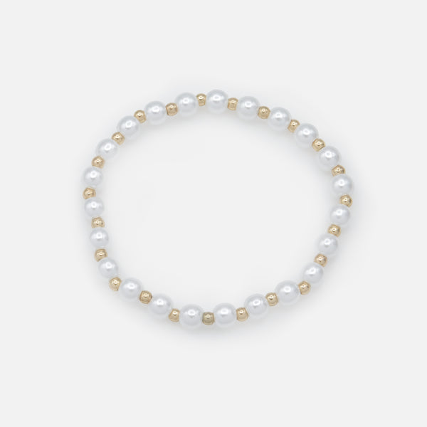 Load image into Gallery viewer, Trio of stretchy pearl and gold bead bracelets
