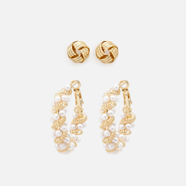 Load image into Gallery viewer, Duo of knot earrings and gold twisted rings with pearls
