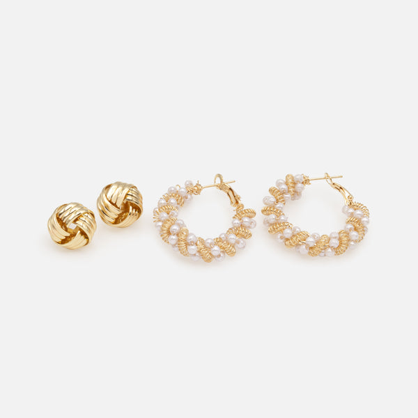 Load image into Gallery viewer, Duo of knot earrings and gold twisted rings with pearls
