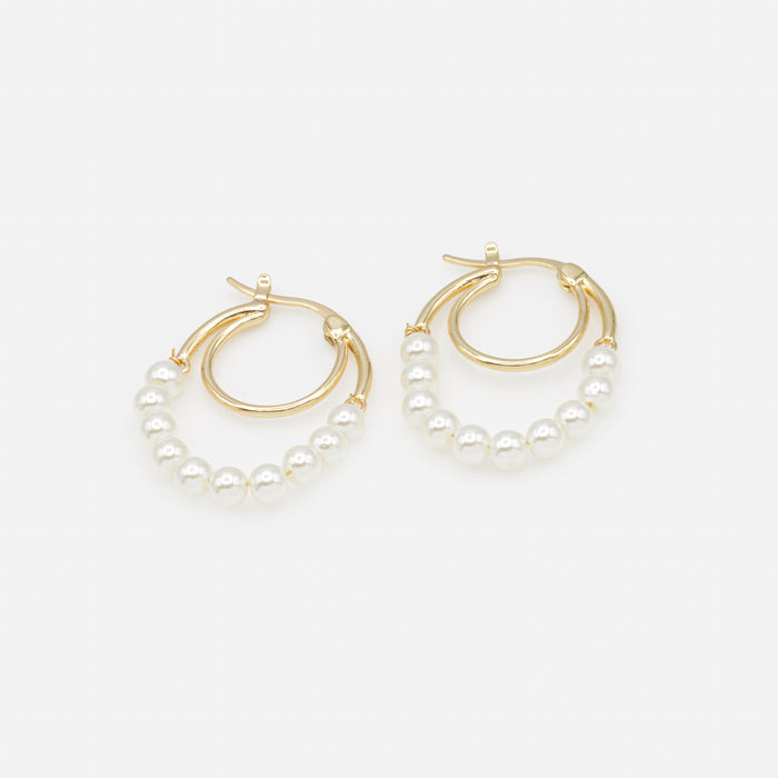 Boucles d'oreilles anneaux deux rangs avec suspension de perles