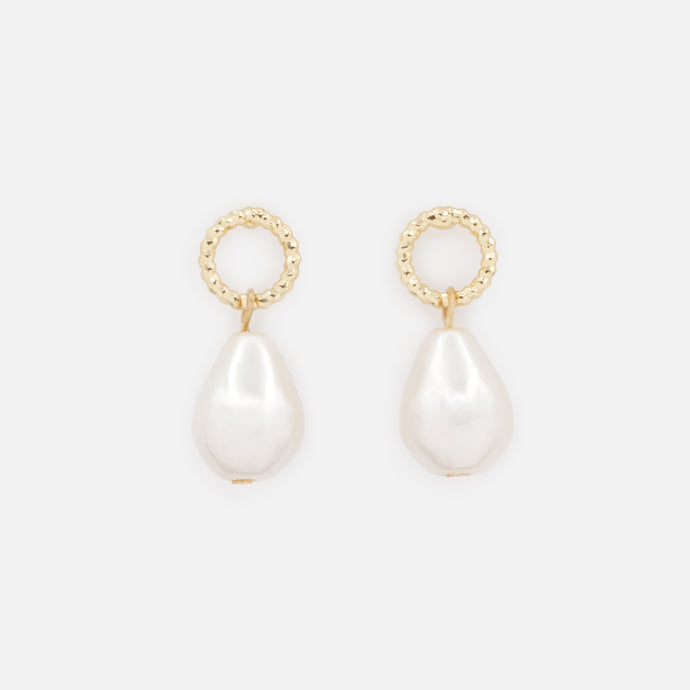 Textured gold circle earrings with pear pearl charm