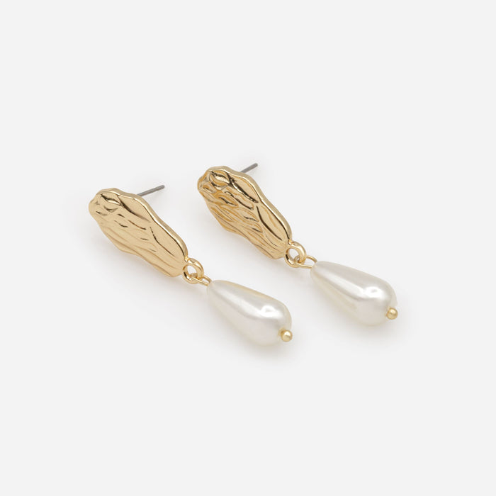 Boucles d'oreilles plaque texturée avec breloque perle allongée