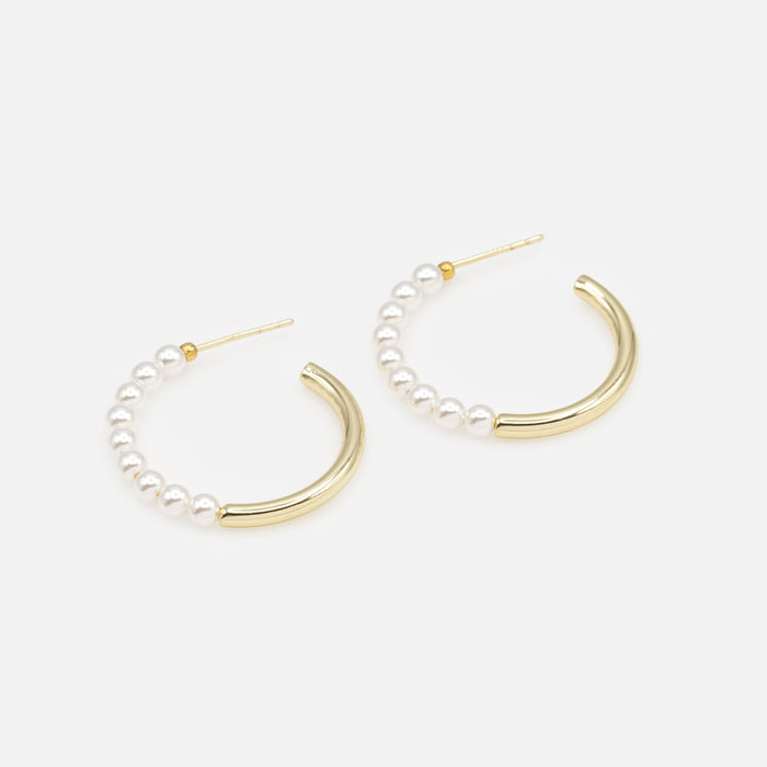 Gold hoop earrings with half synthetic pearls