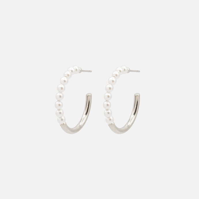 Silver hoop earrings with half synthetic pearls