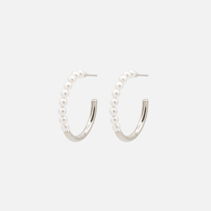 Silver hoop earrings with half synthetic pearls