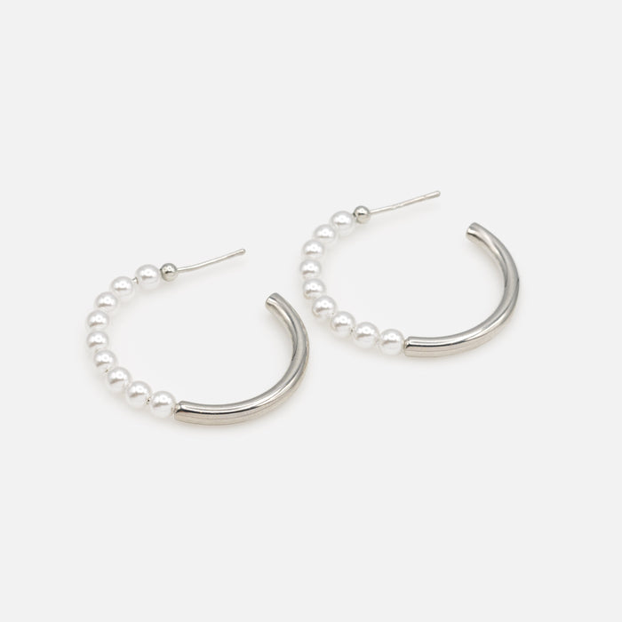 Silver hoop earrings with half synthetic pearls