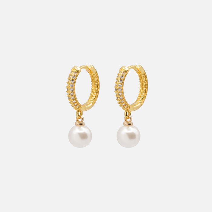 Gold hoop earrings with hanging synthetic pearl