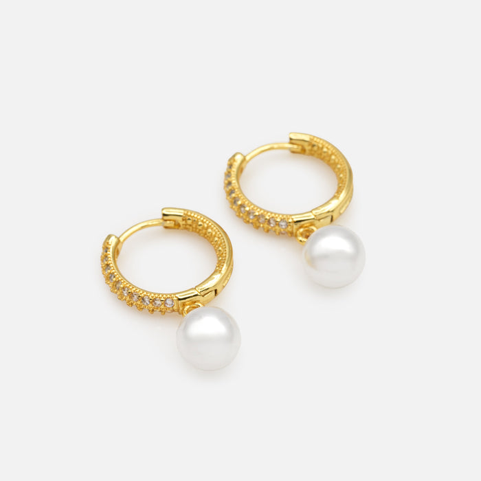 Gold hoop earrings with hanging synthetic pearl